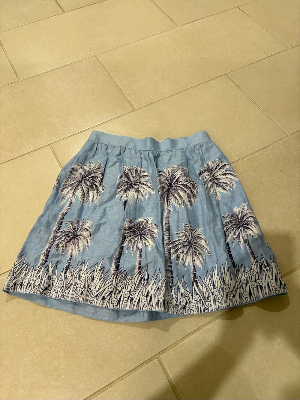 J.Crew 100% Linen Palm Tree Print Skirt Size 0 Blue Coastal A-Line Lined Mini